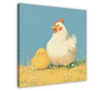 Impression sur toile représentant un coq et un poussin - Décoration murale pour salon, chambre à coucher - 40 x 40 cm