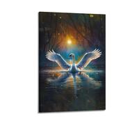 Impression sur toile représentant un cygne sérénité et forêt mystique avec reflet de l'eau - 60 x 90 cm