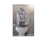 Impression sur toile représentant un dragon assis sur des toilettes, lisant un journal, drôle de créatures mythiques, pour la salle de bain, la salle de bain, 30,5 x 45,7 cm