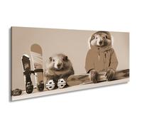 Impression sur toile représentant un duo de marmottes prêt pour le grand départ sur piste. Panorama 60 x 30 cm. Effet : sépia Impression d'art sur châssis/décoration murale/décoration de salon