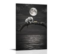 Impression sur toile représentant un éléphant sur un arbre, une lune, une mer - Décoration murale moderne et élégante pour chambre familiale, salon, espace de vie - 40 x 60 cm