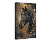 Impression sur toile représentant un étalon noir majestueux - Décoration murale pour salon, chambre à coucher - 60 x 90 cm
