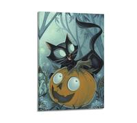 Impression sur toile représentant un livre d'images d'Halloween avec chat noir et citrouille - Décoration murale moderne pour chambre à coucher - 30 x 45 cm