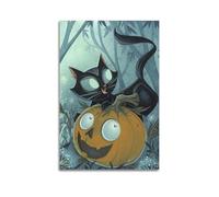 Impression sur toile représentant un livre d'images d'Halloween avec chat noir et citrouille - Décoration murale moderne pour chambre à coucher - 50 x 75 cm
