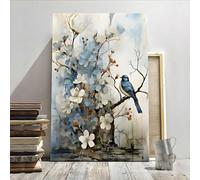 Impression sur toile représentant un oiseau bleu et un oiseau bleu, art mural nature, œuvre d'art rétro 2D, affiches murales décoratives pour salon, chambre à coucher, 21 x 30 cm, avec cadre