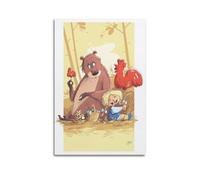 Impression sur toile représentant un ours avec une fille et des poules - Décoration murale moderne - 30 x 45 cm - Style sans cadre