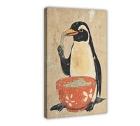 Impression sur toile représentant un pingouin mangeant des ramen - Décoration murale pour salon, chambre à coucher - 40 x 60 cm