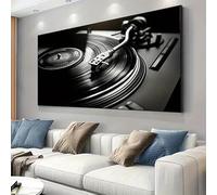 Impression sur toile représentant un tourne-disque vinyle en noir et blanc, décoration murale pour salon, chambre à coucher, salle de musique (50 x 70 cm, sans cadre)