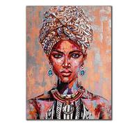 Impression sur toile représentant une femme africaine avec turban et orange sur cadre pour décoration de salon 70 x 90 cm