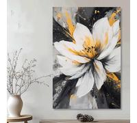 Impression sur toile représentant une fleur blanche avec des touches dorées et noires, art mural abstrait pour salon (80 x 120 cm, avec cadre)