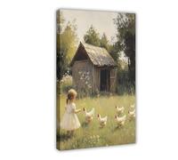 Impression sur toile représentant une petite fille qui nourrit des poules - Décoration murale pour salon, chambre à coucher - 40 x 60 cm