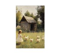 Impression sur toile représentant une petite fille qui nourrit des poules - Décoration murale pour salon, chambre à coucher - 50 x 75 cm