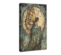 Impression sur toile représentant une robe verte, une fée au clair de lune, un papillon doré, une fée de l'académie sombre, décoration murale pour salon, chambre à coucher, 20 x 30 cm