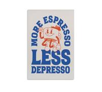 Impression sur toile rétro « Less Depresso Smresso », tasse à café souriante, bleu tendance - Affiche d'œuvre d'art pour décoration d'intérieur : salon, chambre à coucher, salle de bain, bureau - 50 x