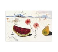 Impression sur toile Salvador-Dalí, fleurs, pastèque et poire dans un Empordà paysage - Décoration de chambre à coucher, bureau, chambre, cadeau - Style sans cadre - 60 x 90 cm