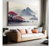 Impression sur toile sans Cadre Paysage Chinois Lac & Fleurs Rouges imprimés sur toile Peinture d'art Tableau mural de grande taille Affiche moderne Salon Chambre Tableau Decor Murale 100 x 50cm