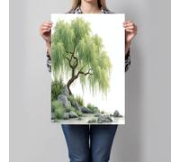 Impression sur Toile Saule Vert Abstrait Peinture Tableaux de la Mur Minimaliste Chinois Tableaux Art Décoratif Muraux Décoration pour Salon Chambre Salle de Bain, 60x90cm, Vert Clair - Sans Cadre