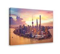 Impression sur toile Shanghai China Sunset City - Décoration murale pour salon, chambre à coucher, cadre : 40 x 60 cm