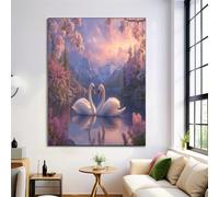 Impression sur Toile Style rêveur et magnifique, Décoration Murale Rose, Cerisier en fleurs du Cygne Montagne enneigée Affiche Poster œuvre D'art Moderne et Esthétique pour Salon, Couloir50 x 70 cm