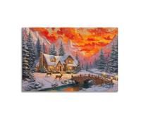 Impression sur toile sur le thème de Noël - Cottage au bord du lac avec sapin de Noël - Décoration murale pour salon - 30 x 45 cm