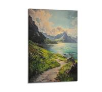 Impression sur toile sur toile sur un chemin panoramique au bord d'un lac serein avec montagnes majestueuses et ciel nuageux - Décoration murale moderne pour chambre à coucher familiale (20 x 30 cm)