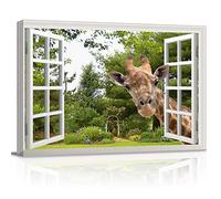 Impression sur toile - Une curieuse girafe qui colle sa tête dans une fenêtre ouverte - Décoration murale, art moderne, tableaux pour salon, tendus et encadrés, prêts à accrocher, 40,6 x 61 cm