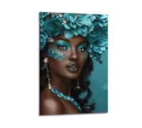 Impression sur toile vintage africaine noire et fleur bleu sarcelle - Décoration murale élégante pour café, salon, studio d'art, loisirs, coin maison, espace 30 x 45 cm