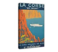 Impression sur toile vintage de la Côte d'Azur - Motif yacht de Corse - Décoration de chambre à coucher, bureau, chambre - Cadeau - 40 x 60 cm