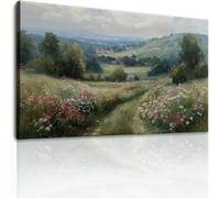Impression sur toile Vintage Paysage Naturel Fleurs, Moderne Impression sur Toile Murale Vert Gris Decoration, Image Décoration Murale Peinture À L'Huile pour Salon Bureau Couloir Hôtel, 70x50 cm