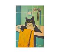 Impression sur toile vintage représentant un chat se baignant - Décoration de salle de bain, chambre à coucher, bureau, cadeau (50 x 75 cm)