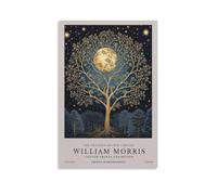 Impression sur toile vintage William Morris - Motif lune et étoiles - Arbre - Décoration murale - 40 x 60 cm