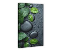 Impression sur toile Zen avec feuilles vertes et pierres noires - Décoration murale pour salon, chambre à coucher - 50 x 75 cm