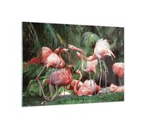 Impression sur Verre 100x70cm Tableaux Image Palmiers Troupeau Flamants Roses