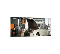 Impression sur Verre 120x50cm Tableaux Image Photo Fille jeune voiture mécanique
