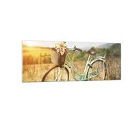 Impression sur Verre 140x50cm Tableaux Image Photo Vélo Prairies Fleurs