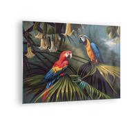 Impression sur Verre 70x50cm Tableaux Image Photo Ara Perroquets Palmiers