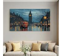 Impression Sur Ville Clocher Bus 150 x 100 cm - Décoration Murale | Impression Sur Toile Vintage Nostalgique - Décoration Murale Sans Cadre pour Salon, Chambre, Salle à Manger et Bureau