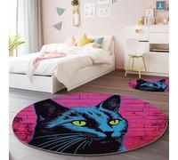 Impression Tapis Rond Rose, Style Gribouillage Mur De Briques Chat Motif Interieur Anti Slip Tapis Lavable en Machine pour Cuisine Entrée Salon Couloir Chambre - 150 cm