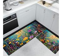 Impressionnisme Tapis de Cuisine pour Plancher 2PCS, Anti-dérapant Lavable Tapis Sol Cuisine Motif Herbe Fleurs Sauvages, pour Cuisine évier buanderie Salle de Bain, 44x75cm+44x120cm