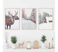 Impressions D'Art-Tableau Abstrait D'Hiver Avec Forêt de Pins Enneigée et Maison de Cerf sur Toile Affiches et Impressions Nordiques pour la Décoration Murale du Salon-50*60cm*3PCS (Non encadré)