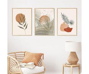Impressions D'Art-Vase Abstrait Vintage en Forme de Feuille de Palmier Avec Oiseau Style Bohème Tableau Toile Affiches Impressions Nordiques Décoration Salon de Cuisine-50*60cm*3PCS (Non encadré)