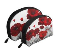 Impressions de Fleurs de Pavot Rouge, Trousse de Maquillage Coquille Femme Petit Porte-Monnaie Trousse de Toilette Trousse à cosmétiques 2 pièces