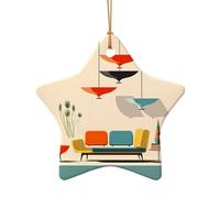 Impressions modernes du milieu du siècle - Pendentifs en forme d'étoile en céramique - Ornements en porcelaine faits à la main - Chaîne dorée pour décoration d'intérieur de Noël.