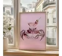 Impressions murales rétro Martini Crab, tableaux sur toile à thème de fruits de mer roses, décoration moderne et simple pour la chambre et la maison (40x60cm/cadre intérieur)