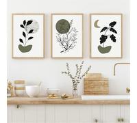 Impressions sur Toile-3 Pièces-Boho Vert Art Mural Feuilles Toile Peinture Géométrie Abstraite Affiche Chambre Salon Cuisine Décoration de la Maison Peinture Murale-50 * 60cm (Sans cadre)
