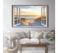 Impressions sur Toile 90 x 60 cm Paysage Fenêtre Plage Dunes Deco Tableau Murale Decoration Salon Peinture Tableaux Chambre Toiles Maison Coucher Salle de Bains Bar Café, Crème