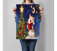 Impressions Sur Toile Chaleureux et charmant Murale Decoration Chat chanteur sapin de Noël, Rouge Muraux Déco Pour Chambre Salon Salle De Bain, 90x60 cm, Sans Cadre