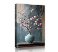 Impressions sur toile de style oriental Art mural Branches de fleur de pêcher rose et vase en céramique Peintures d’images tendues pour les décorations de bureau à domicile 30x42cm Cadre intérieur