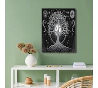 Impressions sur Toile Peinture Arbre Soleil Lune Dorée sur Toile, d'art Mural Noir, Art Corps Célestes Psychédéliques, Décoration Murale pour Salon Maison, 50x70cm, sans Cadre