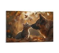 Impressions sur toile personnalisées représentant un chat embrassant un chien, décoration de chambre mignonne, prêtes à accrocher, impressions d'art moderne 24 x 36 pouces (60 x 90 cm)